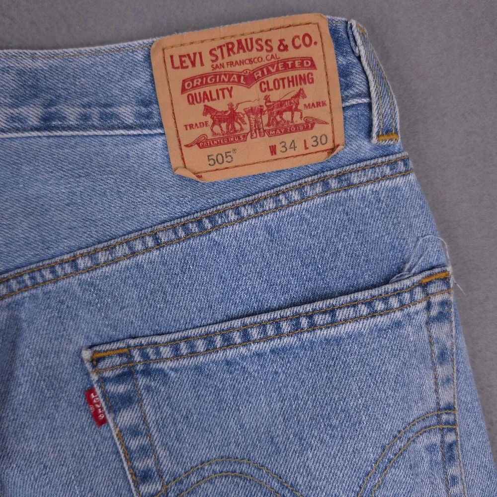 Levis 505 Regular Fit Jeans Light Wash Blue 34x30 Denim Distressed Raw Hem 90s